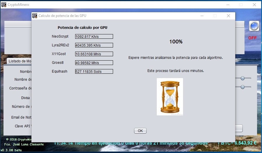 Pantalla configuracion CryptoMinero