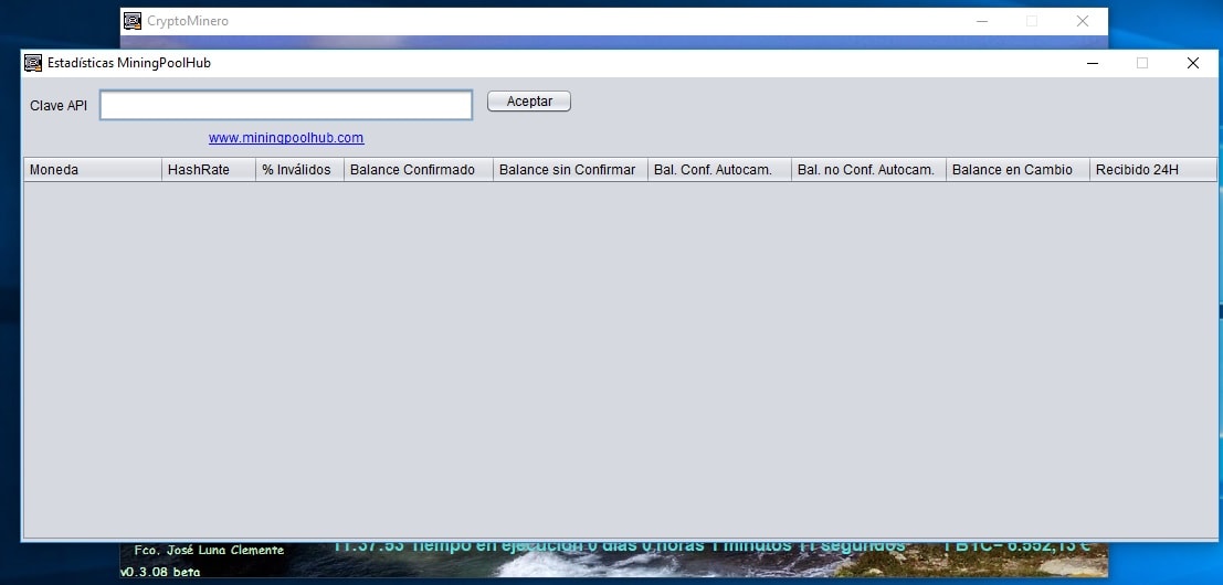 Pantalla configuracion CryptoMinero
