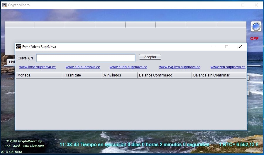 Pantalla configuracion CryptoMinero