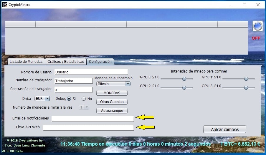 Pantalla configuracion CryptoMinero