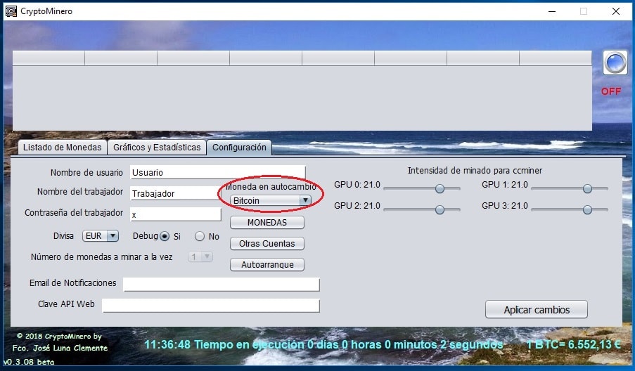 Pantalla configuracion CryptoMinero