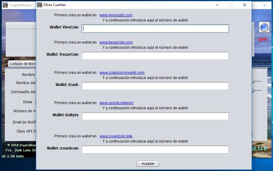 Pantalla configuracion CryptoMinero