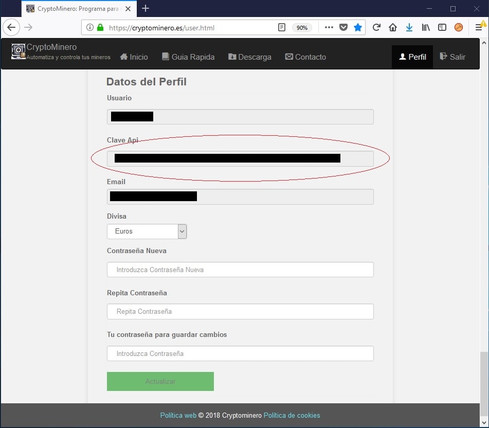 Pantalla configuracion CryptoMinero