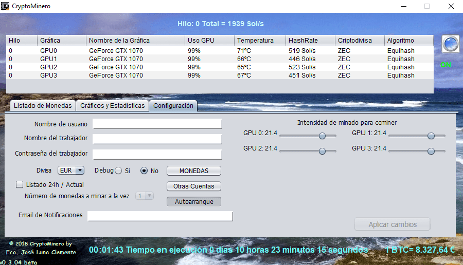 Pantalla configuracion CryptoMinero