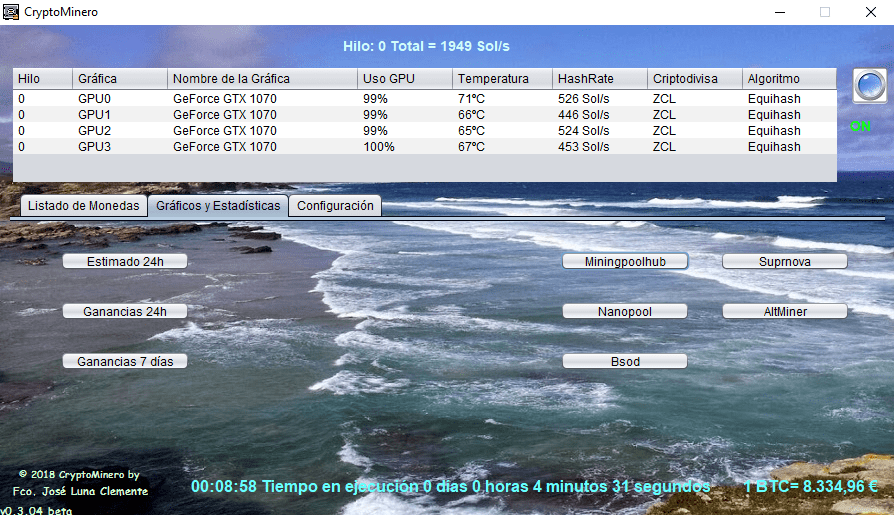 Pantalla estadisticas CryptoMinero