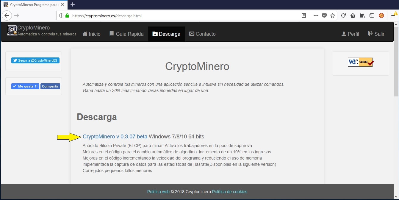 Pantallla descarga CryptoMinero