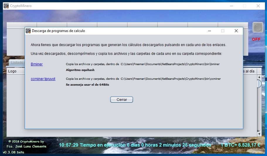 Pantalla ejecutar CryptoMinero