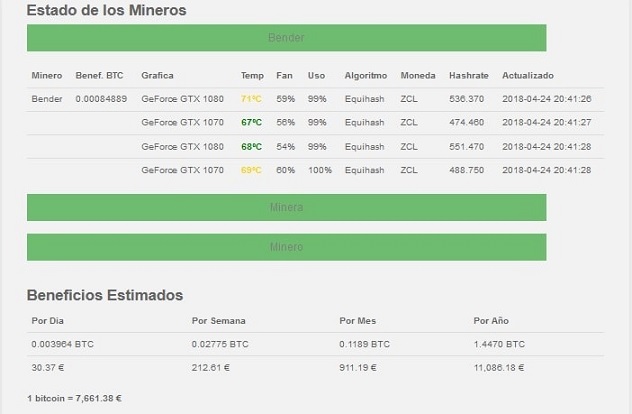 Pantalla configuracion CryptoMinero