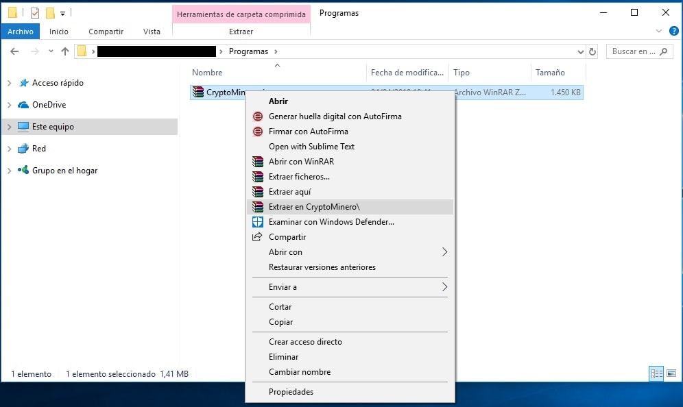 Pantalla extraer CryptoMinero
