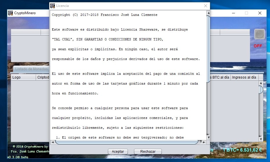 Pantalla ejecutar CryptoMinero