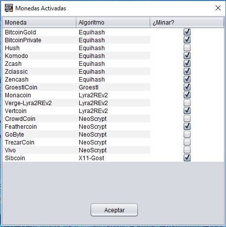 Pantalla configuracion CryptoMinero