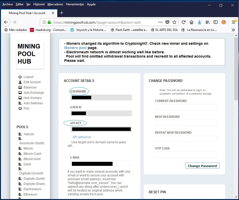 Pantalla configuracion CryptoMinero