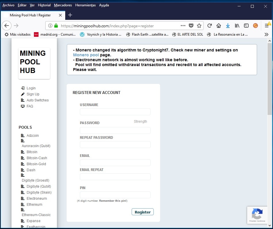 Pantalla configuracion CryptoMinero